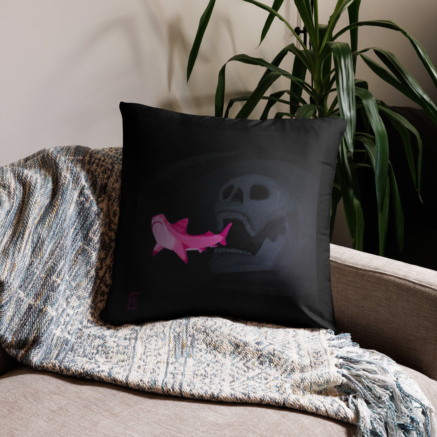 Skull chasing Shark Basic Pillow