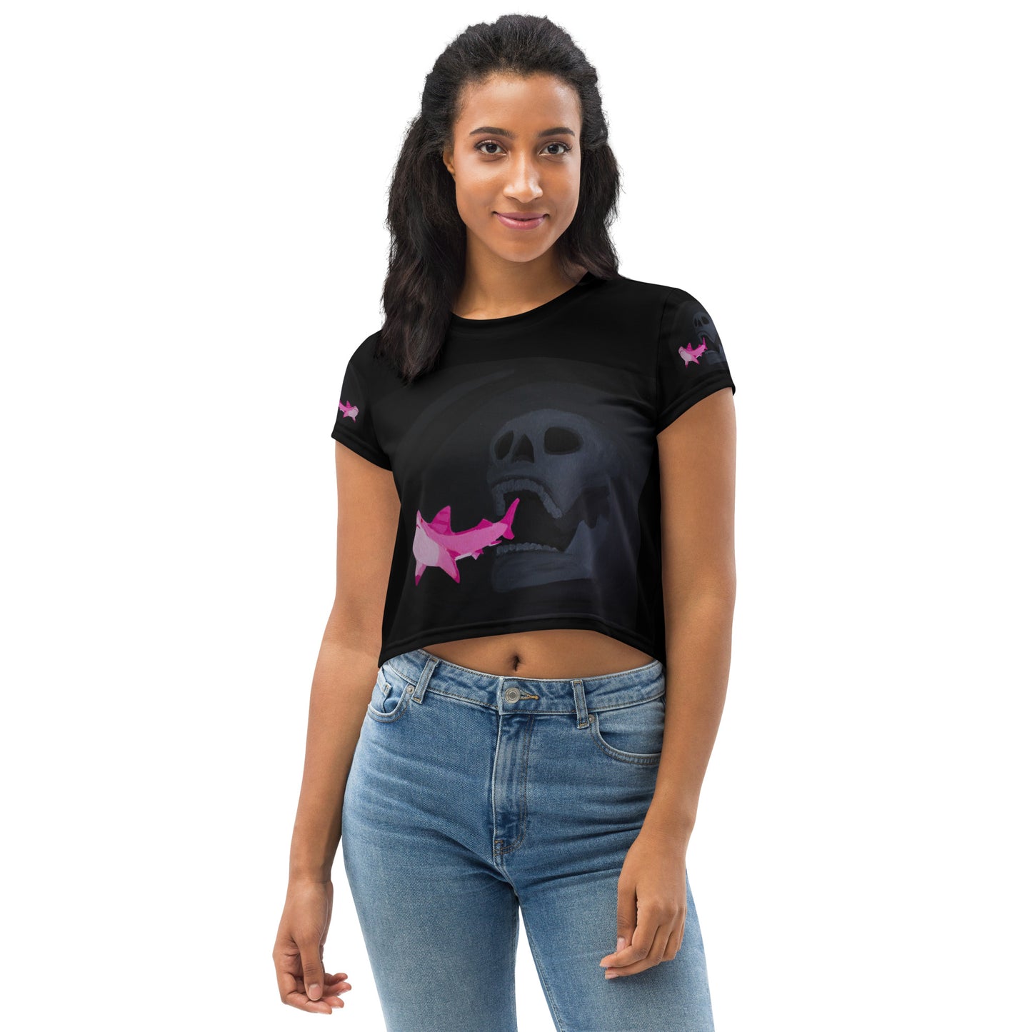 Skull chasing Shark Crop Tee