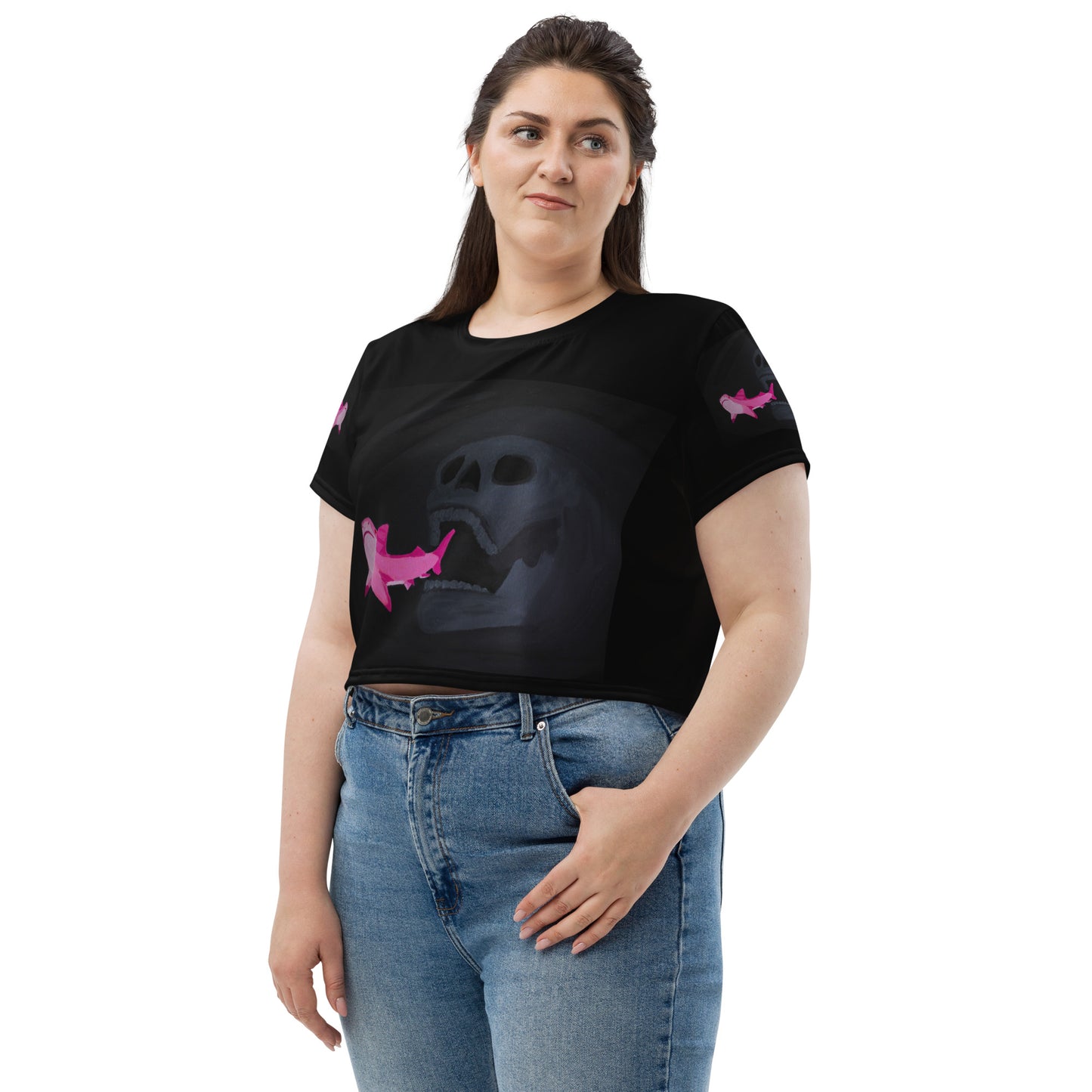 Skull chasing Shark Crop Tee