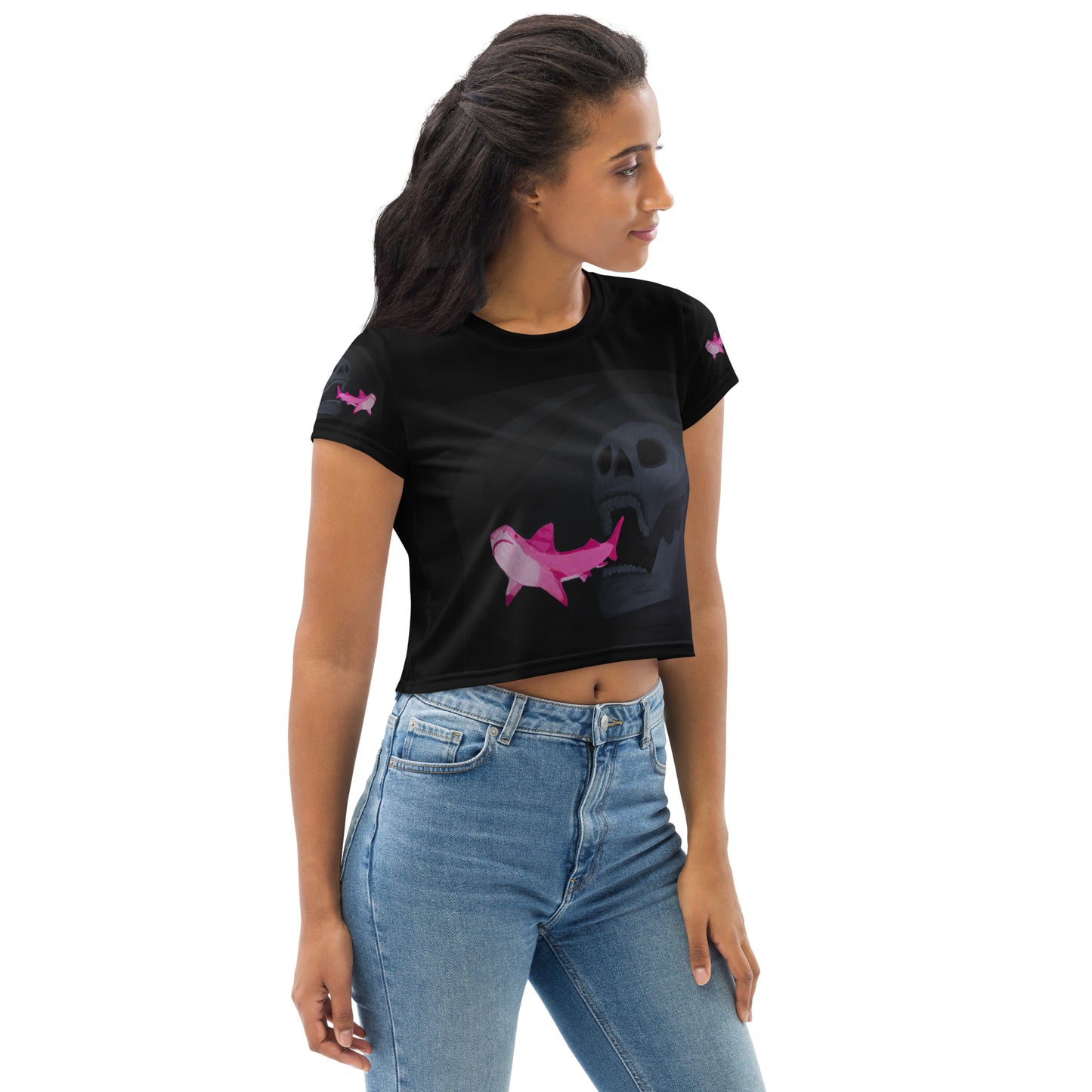 Skull chasing Shark Crop Tee