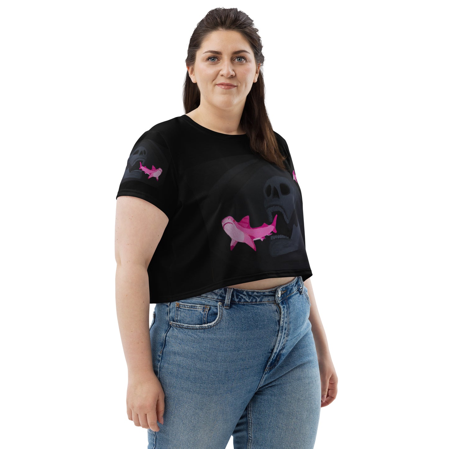 Skull chasing Shark Crop Tee