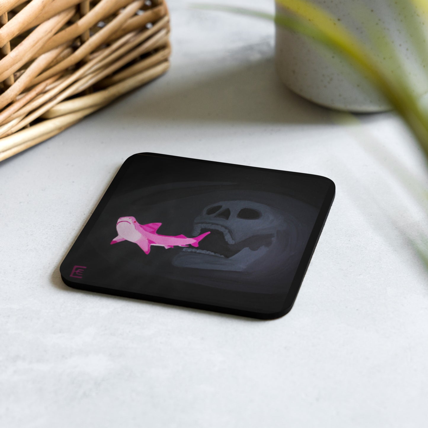 Skull chasing Shark Cork-back coaster