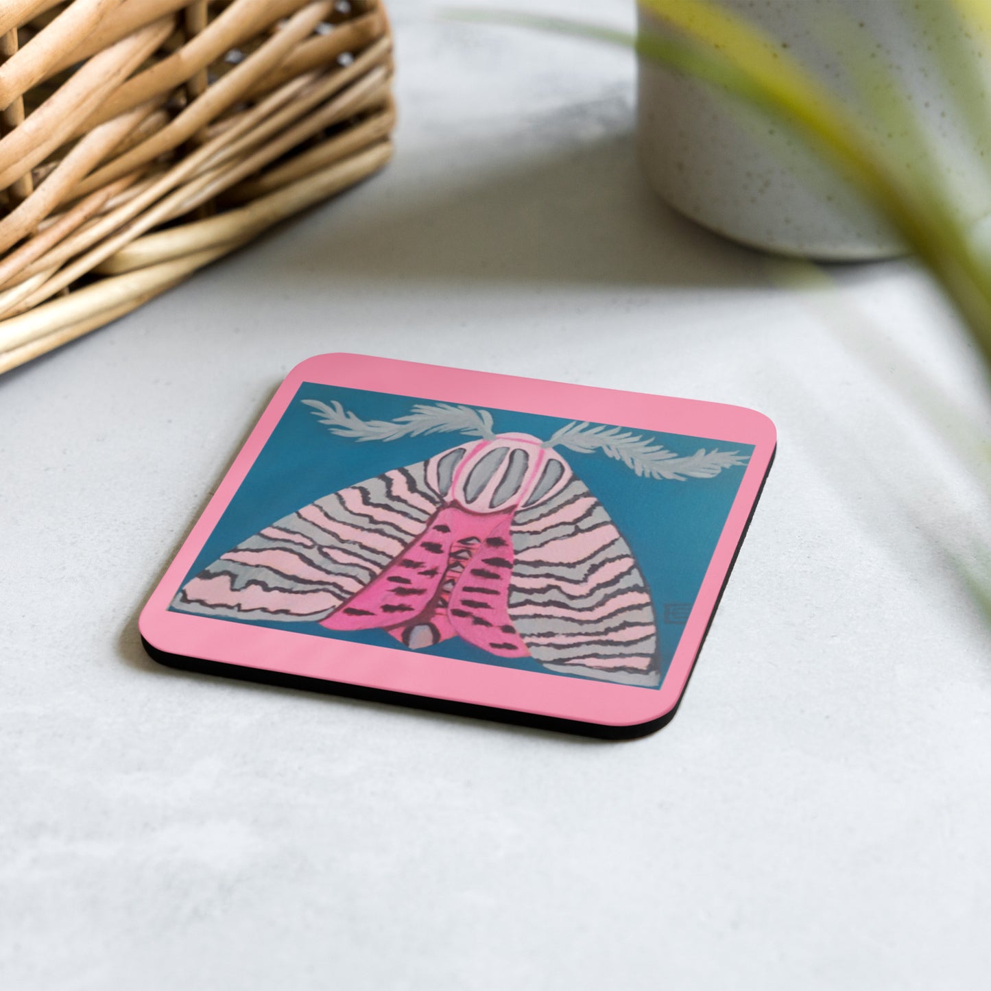 Pink Moth Cork-back coaster