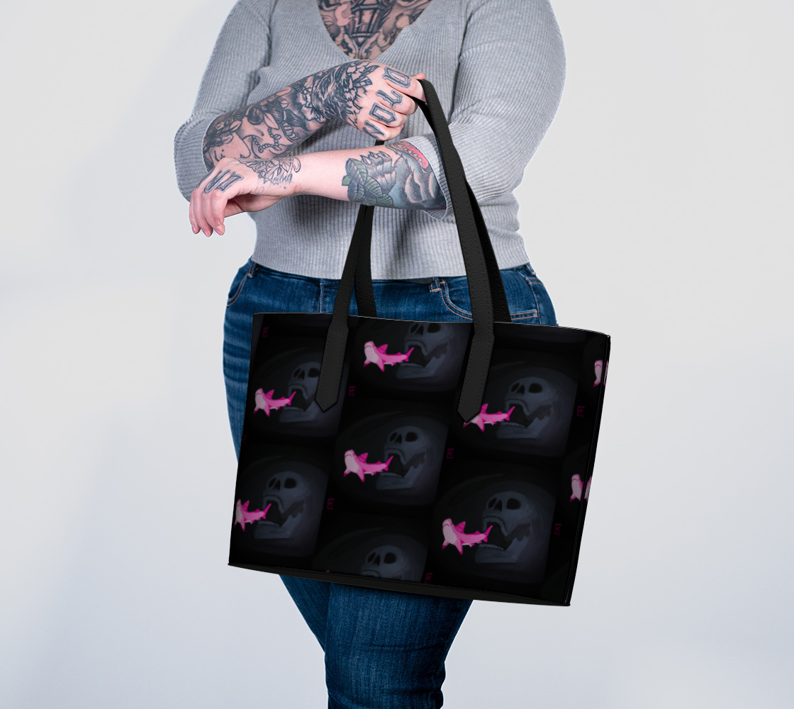 Skull Chasing Shark Vegan Leather Tote Bag