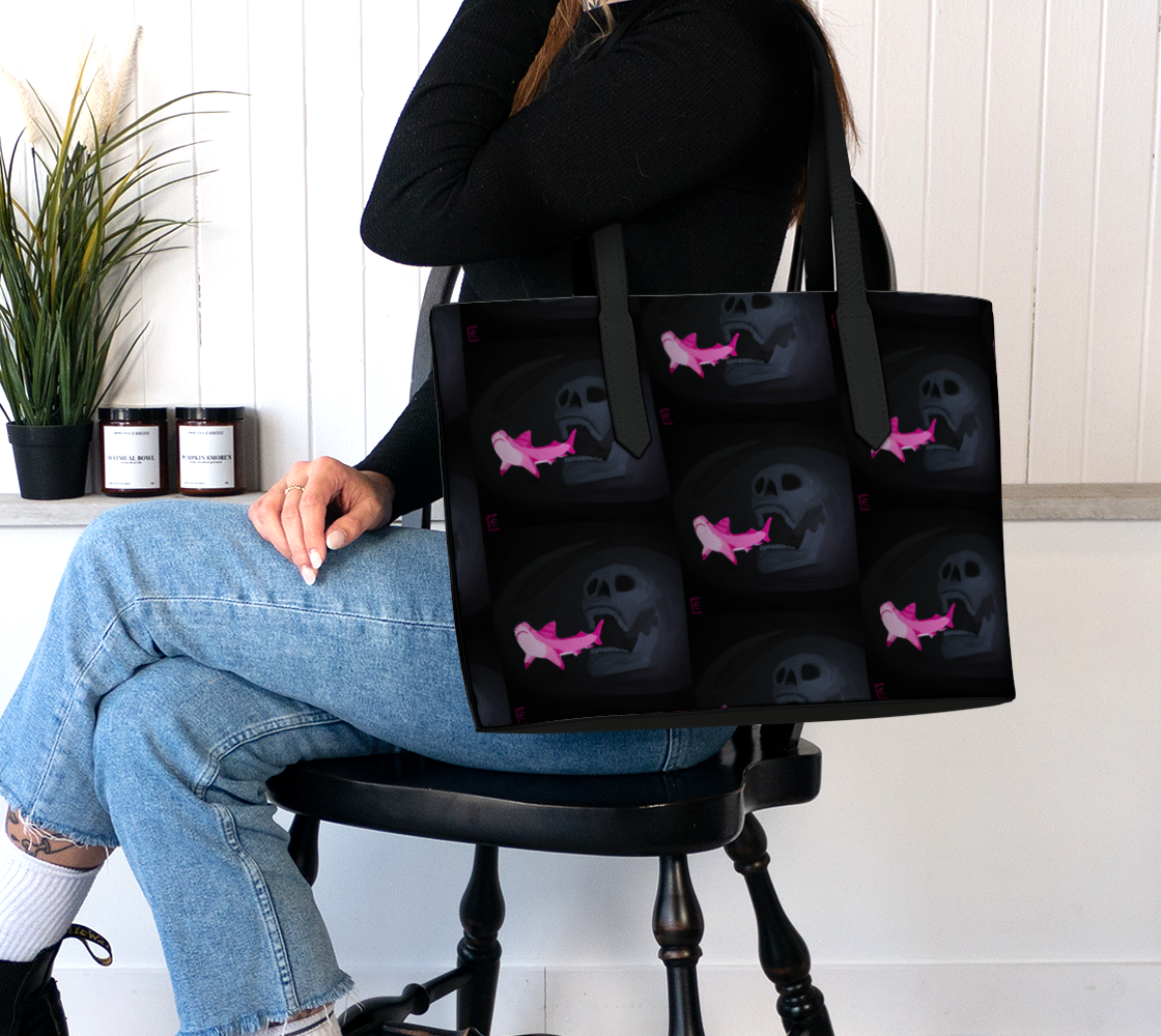 Skull Chasing Shark Vegan Leather Tote Bag