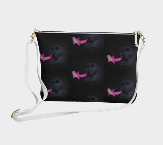 Skull Chasing Shark Vegan Leather Crossbody Purse